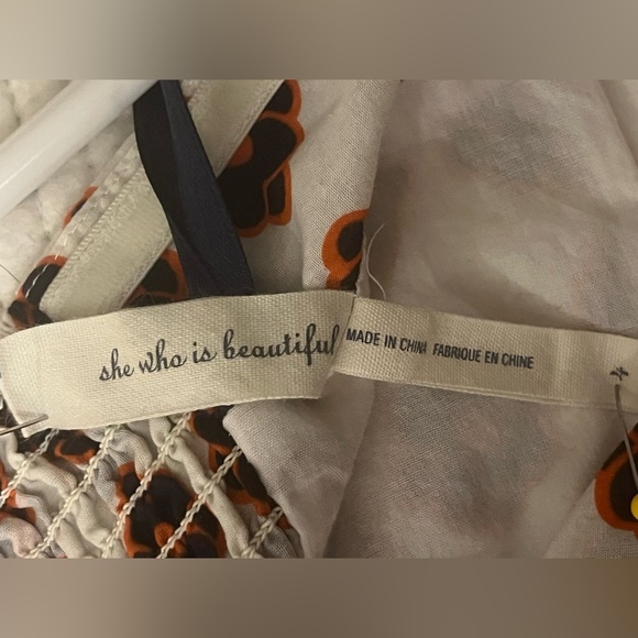 Anthropologie Maeve Strapless Orange, Navy & Ecru Floral Midi Dress, size 4 - Picture 8 of 10